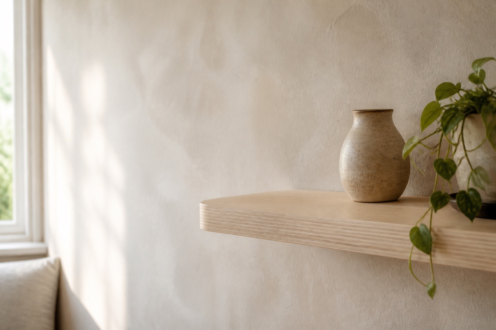 A pale birch plywood shelf in a calm, natural home interior